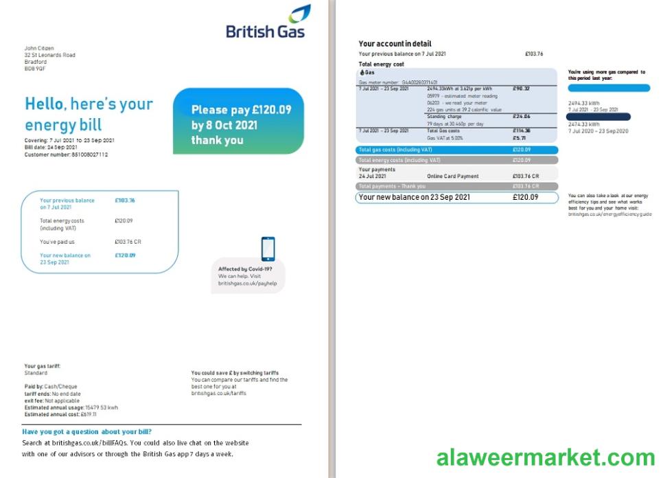 United Kingdom British Gas utility bill template in Word and PDF format (2 pages), version 3